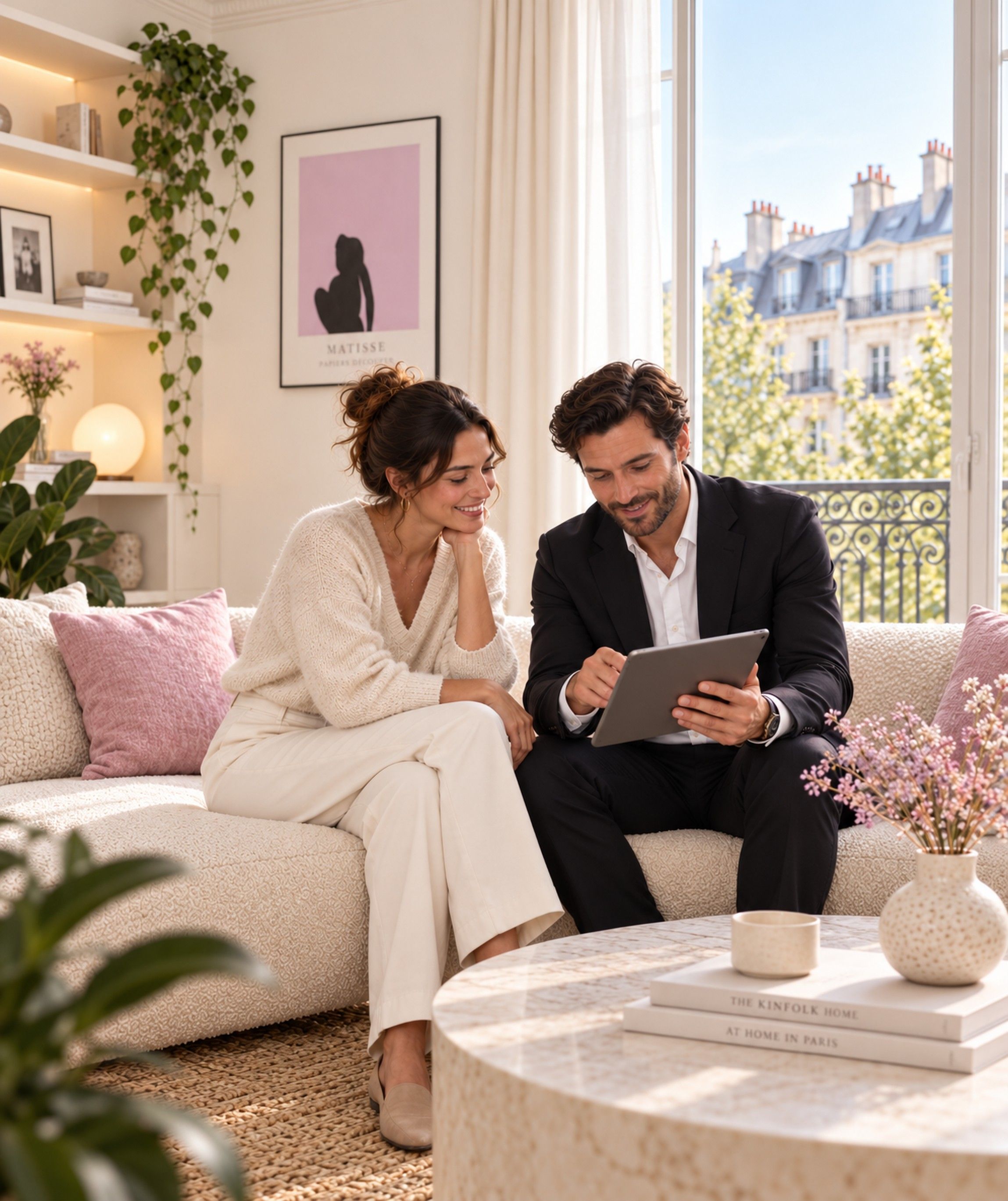 Une gestionnaire et un conseiller consultent ensemble une tablette dans un salon lumineux.
